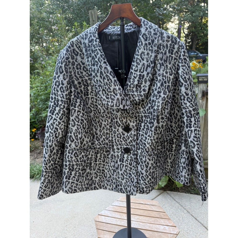 Kasper Woman Metallic Leopard Print Blazer Silver Black Shawl Collar Jacket 24W
